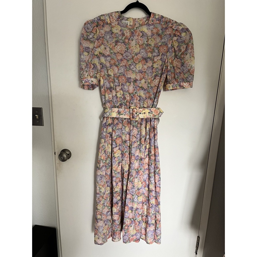 Vintage Leslie Fay midi dress pastel floral print puff sleeves Fabric Belt 12